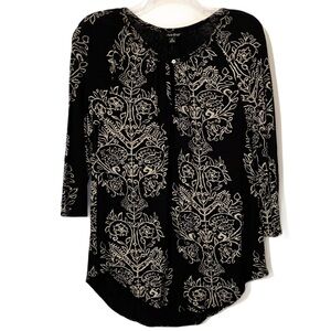 Lucky Brand Top, Sz. S, Black/Tan, 3/4 Length Sleeve, Peek Hole Front w/ Button